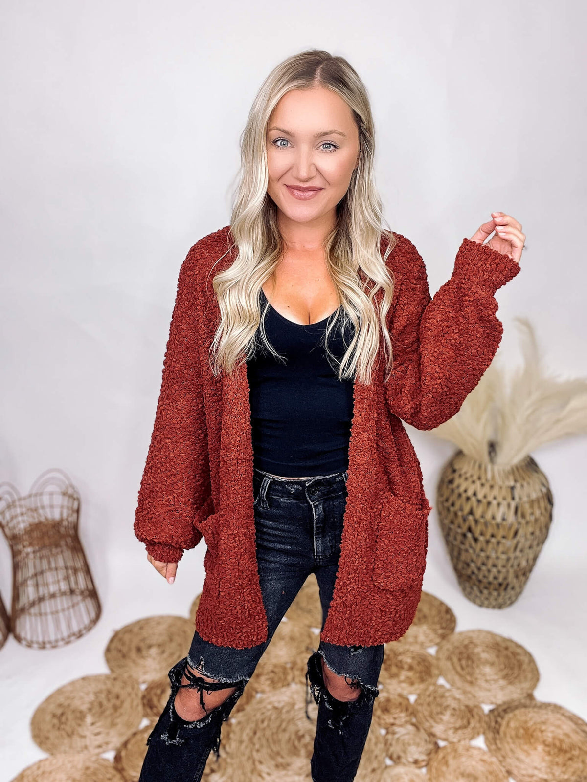 Zenana Dark Rust Soft Snuggly Popcorn Cardigan Balloon Sleeves Side Pockets Relaxed Loose Fit 78% Polyester, 22% Acrylic
