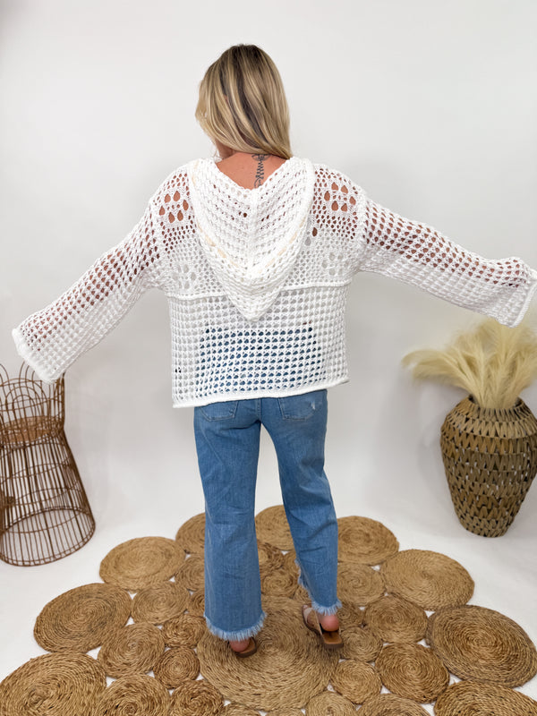 White American flag crochet knit hoodie with drawstring hood and relaxed fit, perfect for Fourth of July and summer layering