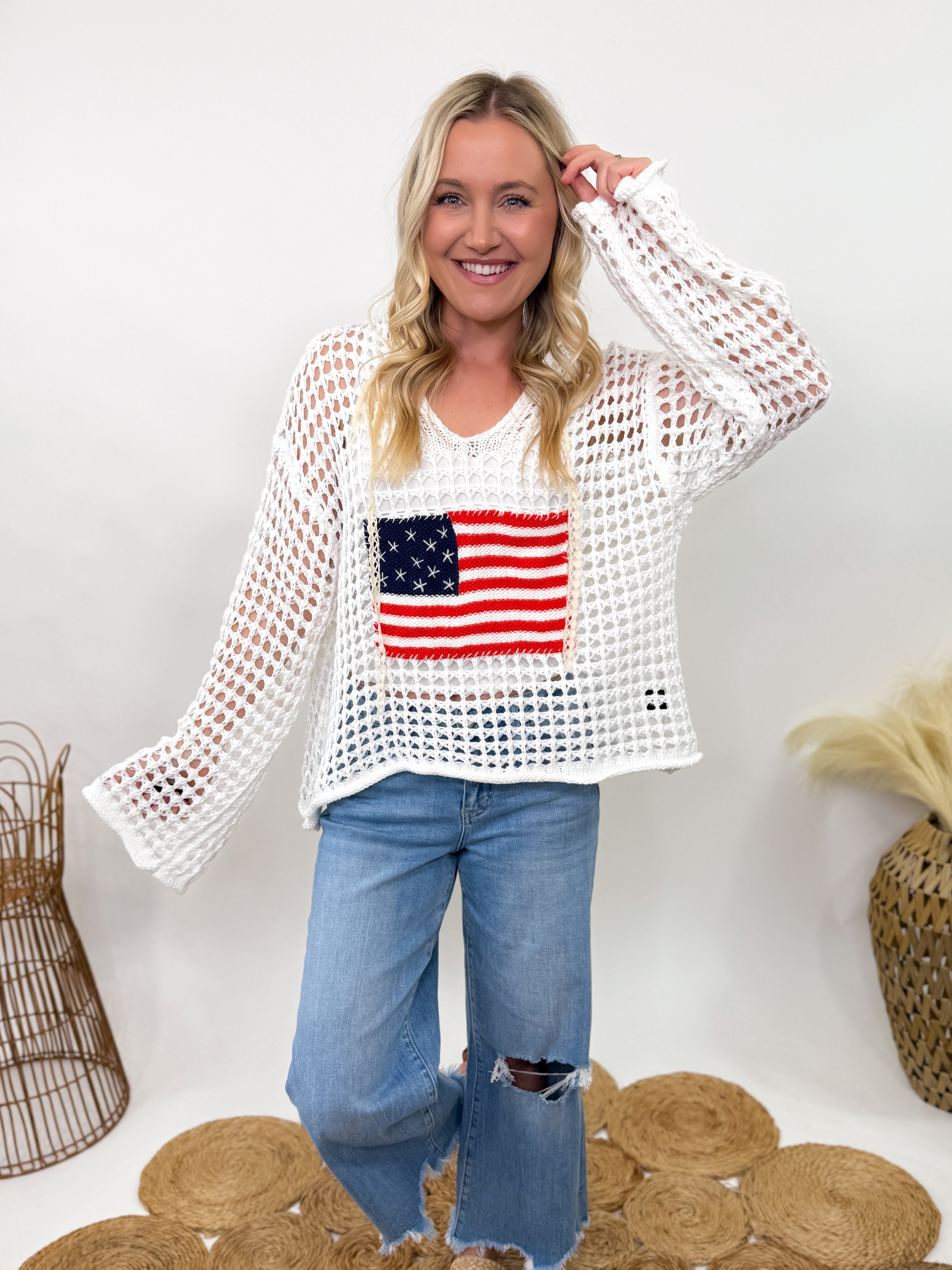 American Flag Crochet Knit Hoodie by POL | Bmaes Boutique