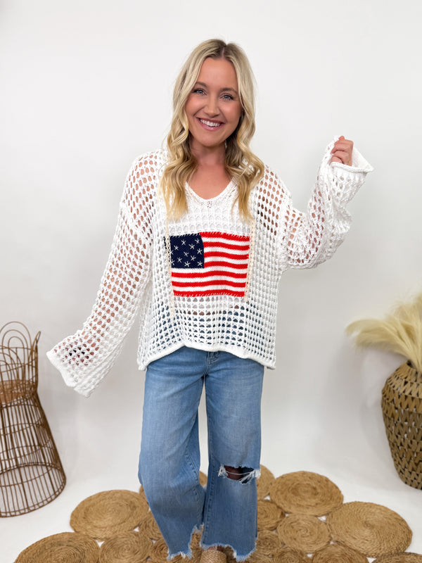 White American flag crochet knit hoodie with drawstring hood and relaxed fit, perfect for Fourth of July and summer layering
