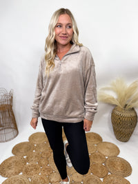 Ash mocha faux fur half zip pullover for women with relaxed fit