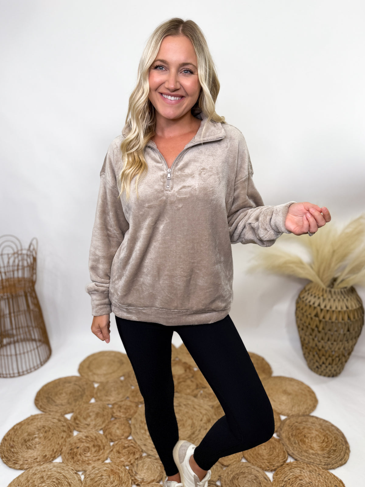 Ash mocha faux fur half zip pullover for women with relaxed fit