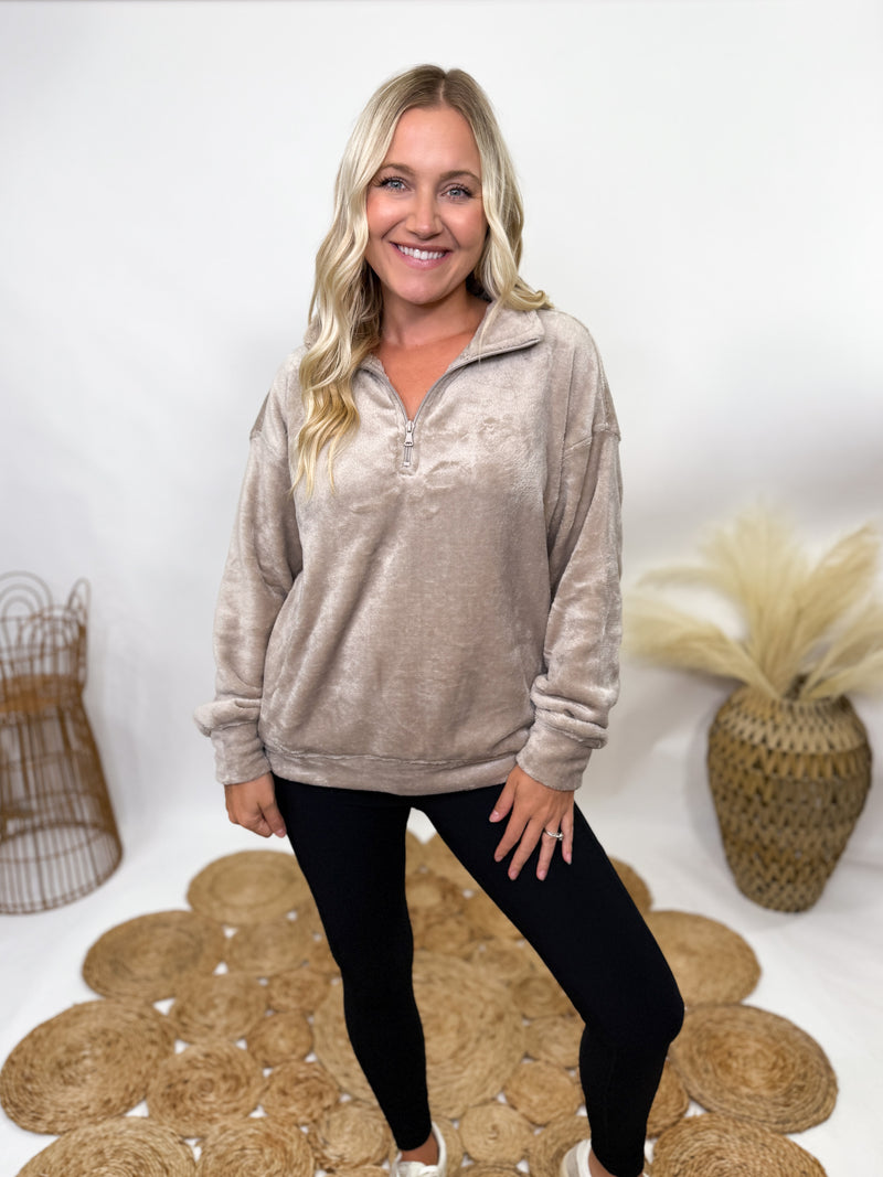 Ash mocha faux fur half zip pullover for women with relaxed fit