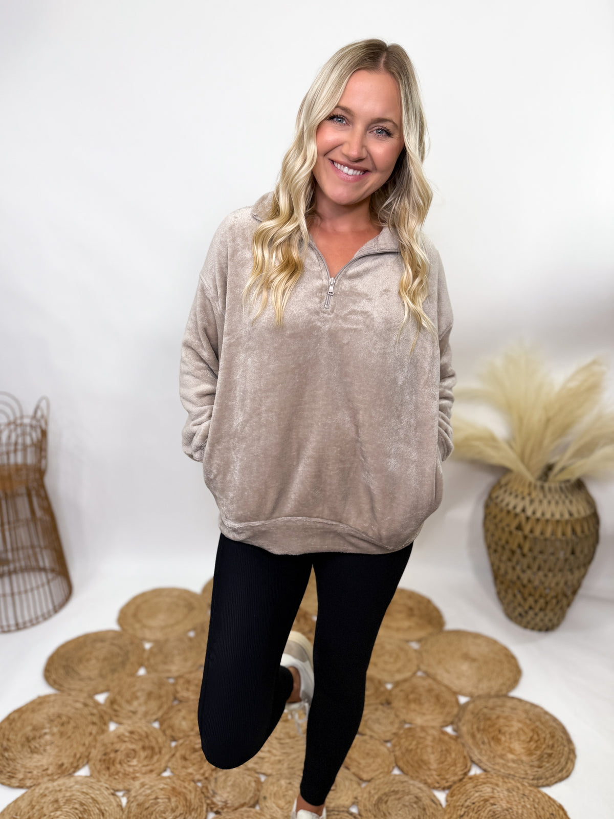 Ash mocha faux fur half zip pullover for women with relaxed fit