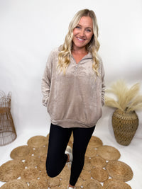 Ash mocha faux fur half zip pullover for women with relaxed fit