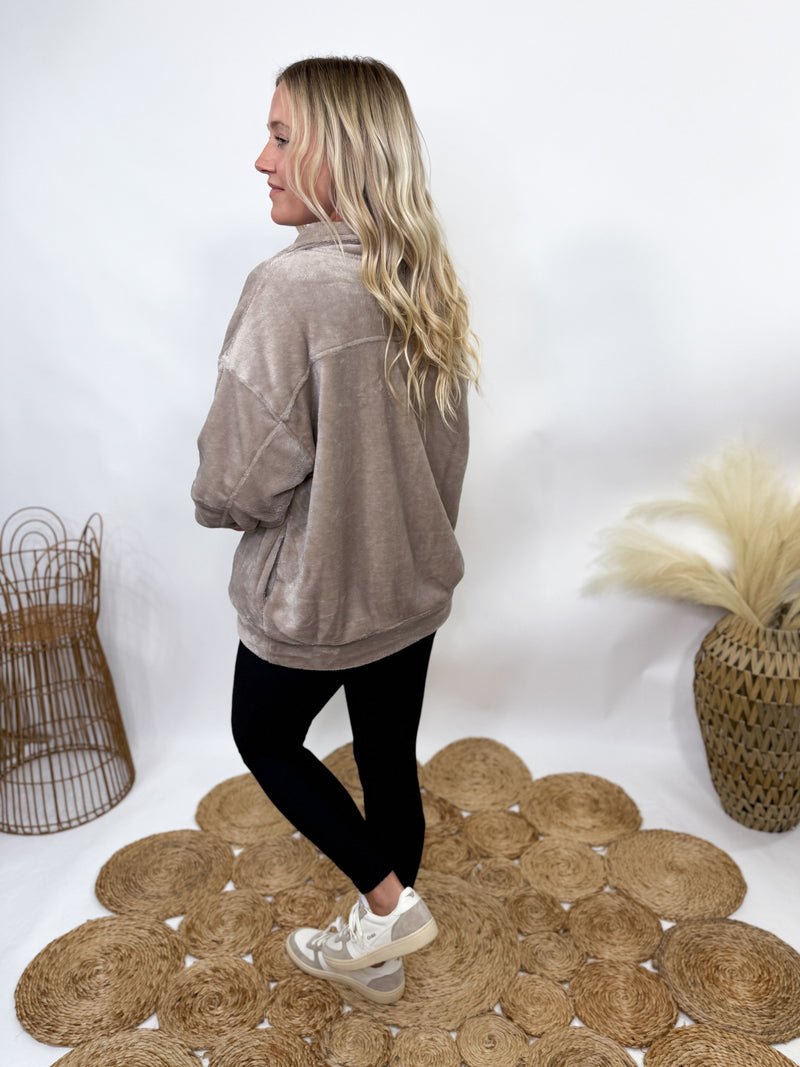 Ash mocha faux fur half zip pullover for women with relaxed fit