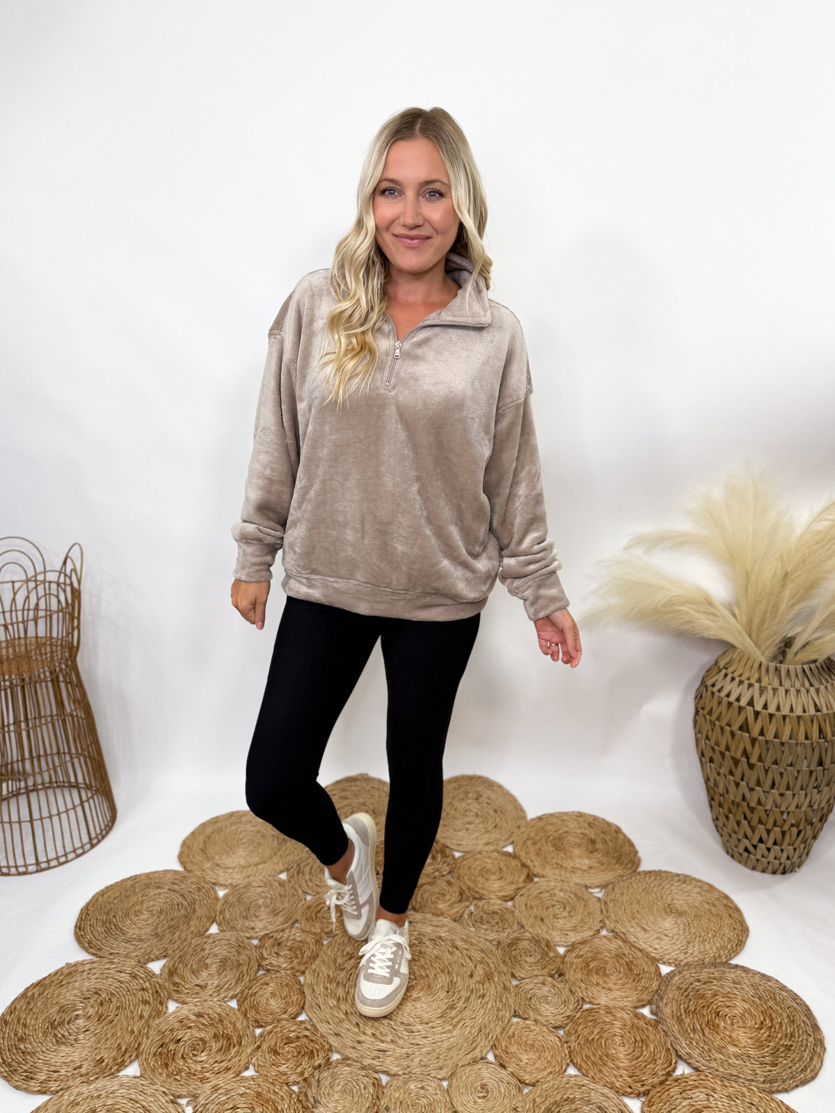 Ash mocha faux fur half zip pullover for women with relaxed fit