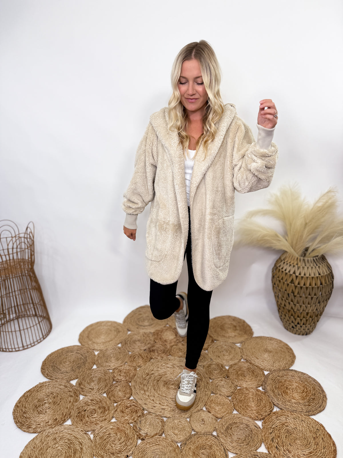 Beige Fuzzy Faux Fur Long Cardigan with Hood Bmaes Boutique