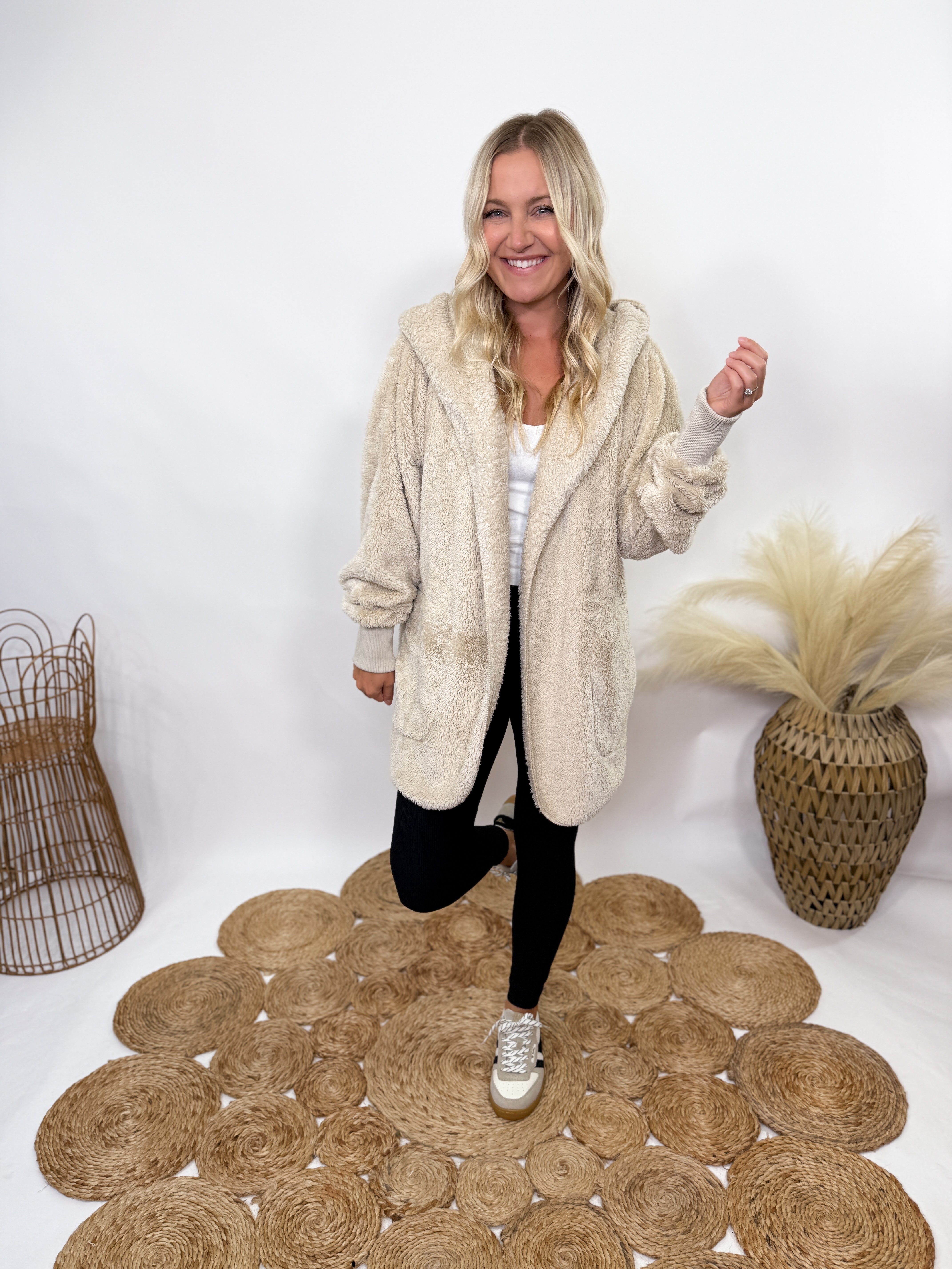 Beige Fuzzy Faux Fur Long Cardigan with Hood | Bmaes Boutique