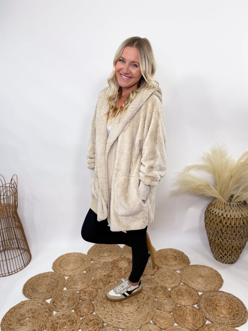 Beige Fuzzy Faux Fur Long Cardigan with Hood Bmaes Boutique