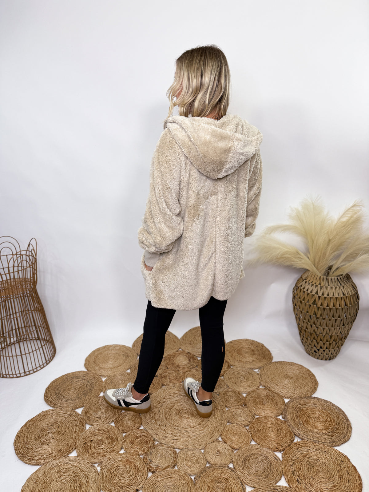 Beige Fuzzy Faux Fur Long Cardigan with Hood Bmaes Boutique