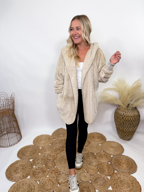 Beige fuzzy faux fur long cardigan with hood and pockets for women