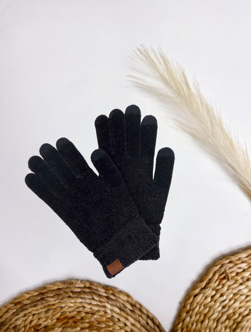 Black Chenille Knit Smart Touch Screen Gloves One Size 100% Polyester