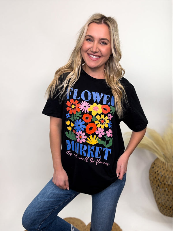 Black oversized Flower Market graphic tee with a vintage-inspired floral design and boho vibes. Spring graphic tee. 