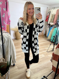 black and white checker print ghost cardigan in a soft plush material - Halloween outfit 