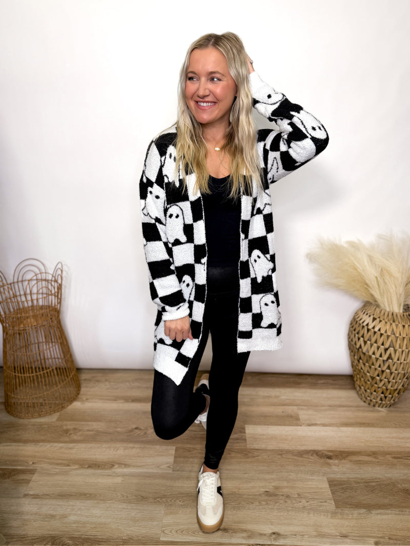 black and white checker print ghost cardigan in a soft plush material - Halloween outfit 
