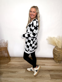 black and white checker print ghost cardigan in a soft plush material - Halloween outfit 