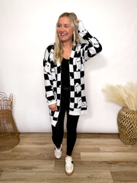 black and white checker print ghost cardigan in a soft plush material - Halloween outfit 