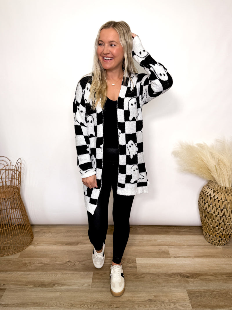 black and white checker print ghost cardigan in a soft plush material - Halloween outfit 