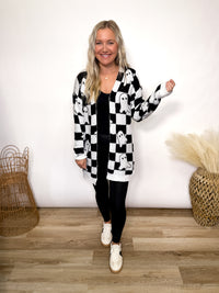 black and white checker print ghost cardigan in a soft plush material - Halloween outfit 