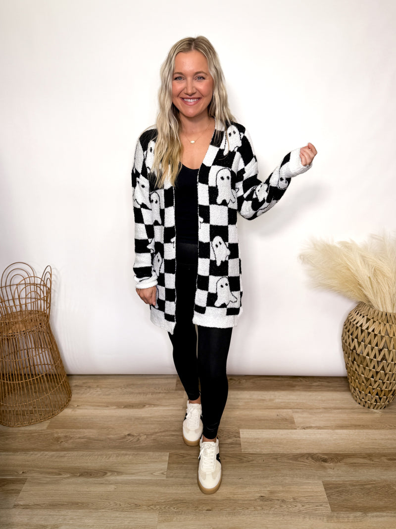 black and white checker print ghost cardigan in a soft plush material - Halloween outfit 