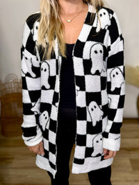 black and white checker print ghost cardigan in a soft plush material - Halloween outfit 