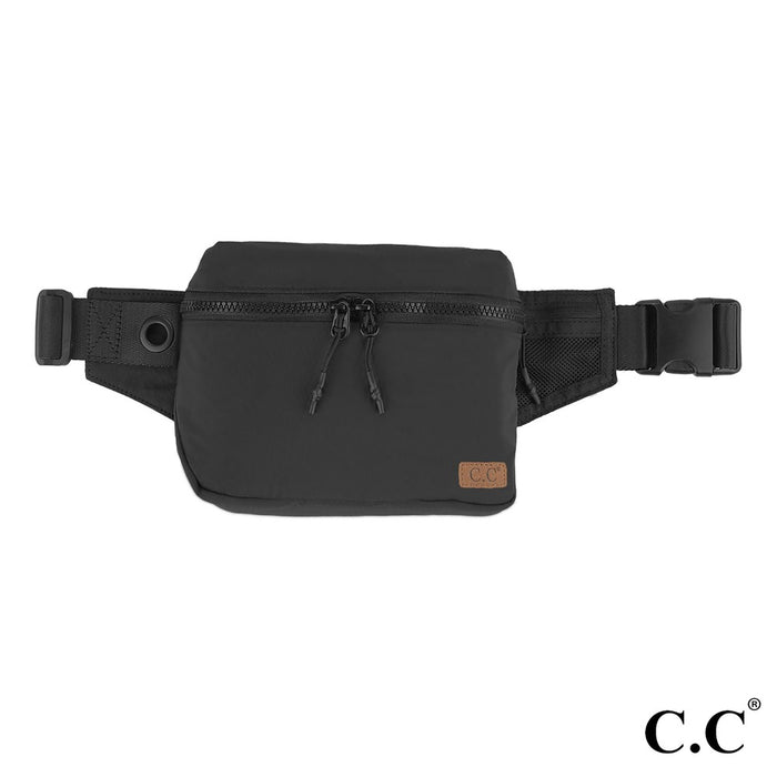 Black C.C. Zipper Fanny Pack Belt Bag Full Zipper Closure Double Zipper Front Pocket Internal Zipper Pocket in Main Body Pocket Approximately 9" W X 6" H X 2.25" D