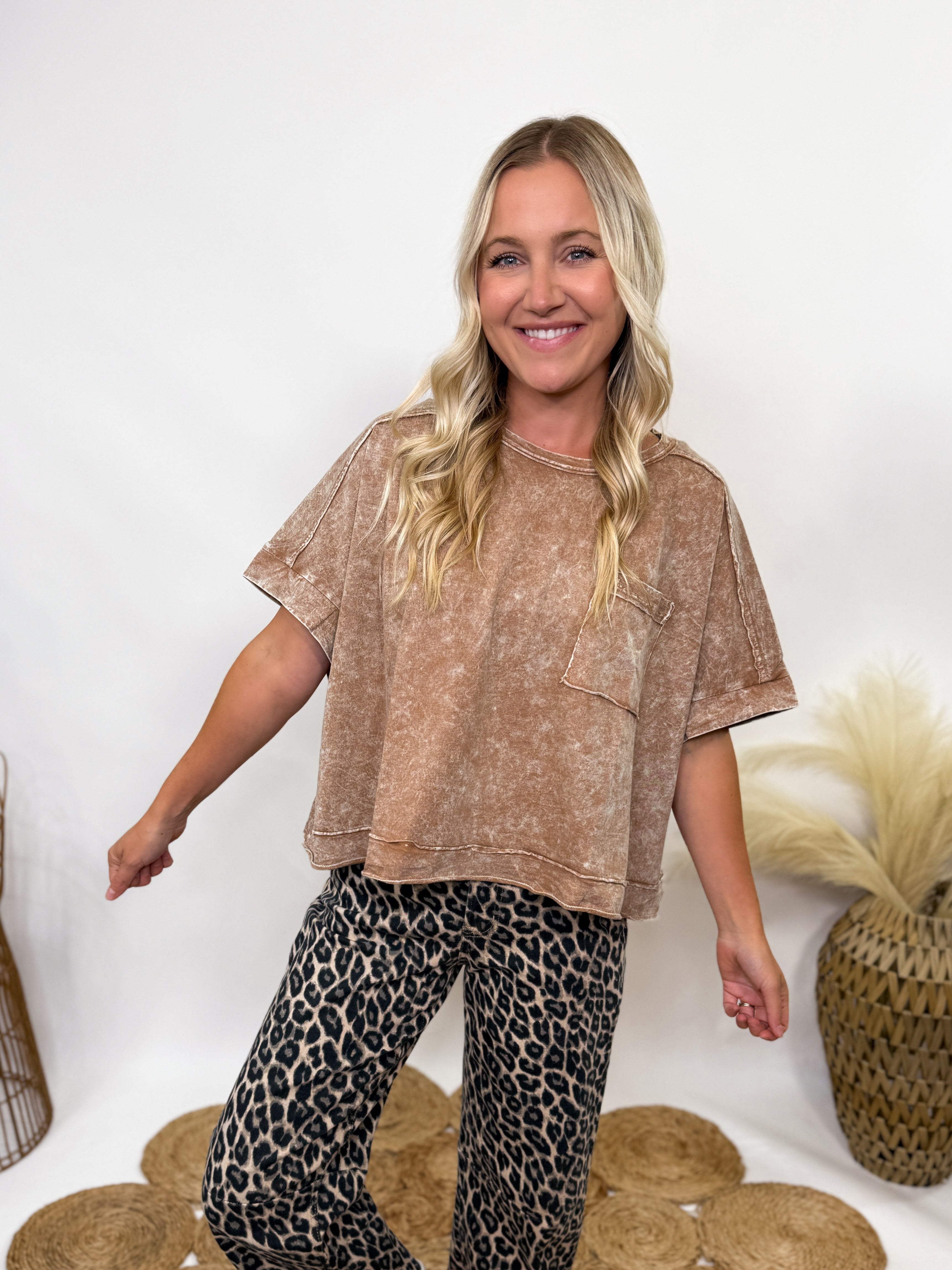 Zenana Brown Acid Washed Boxy Pocket Tee | Oversized Crop – Bmaes