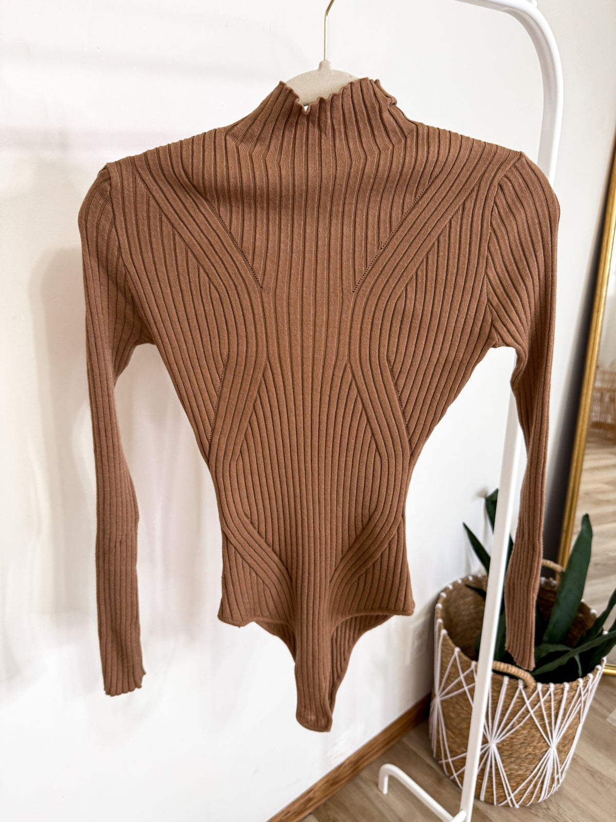 Khaki Long Sleeve Mock Neck Lightweight Sweater Bodysuit