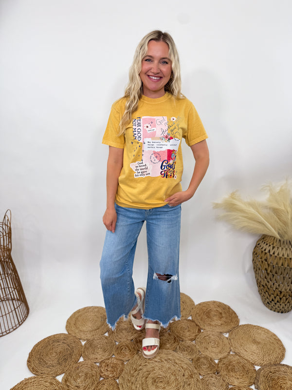 God Isn’t Finished With You Yet Collage Graphic Tee in Mustard