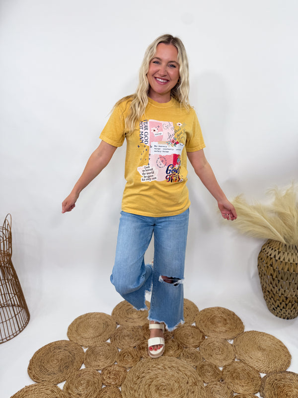 God Isn’t Finished With You Yet Collage Graphic Tee in Mustard