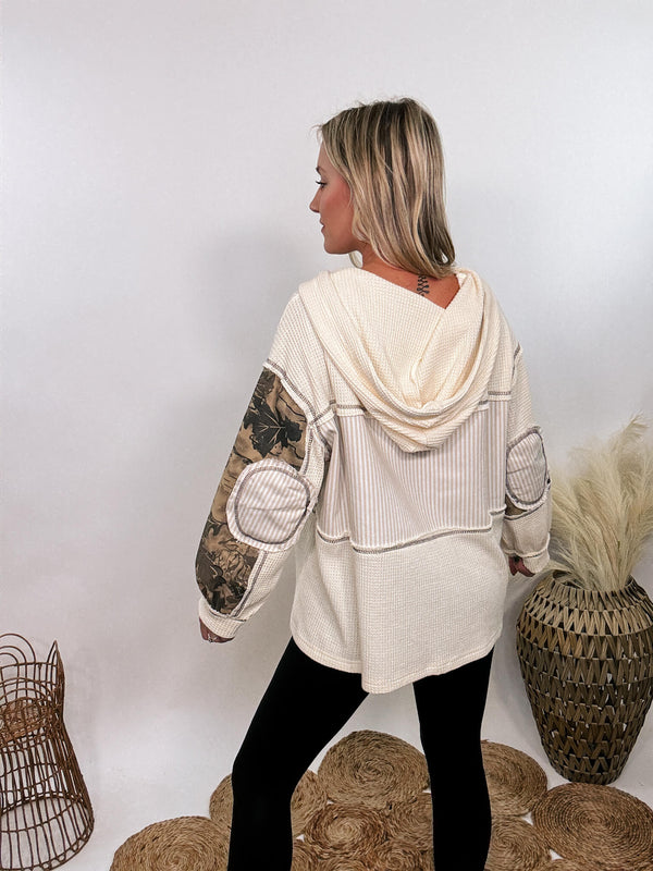 Cream balloon sleeve oversized hoodie top by POL with thermal and printed woven mix, stripe elbow patches, and camo patchwork details