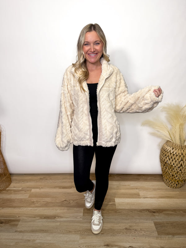 cream fleece cable knit zip up jacket