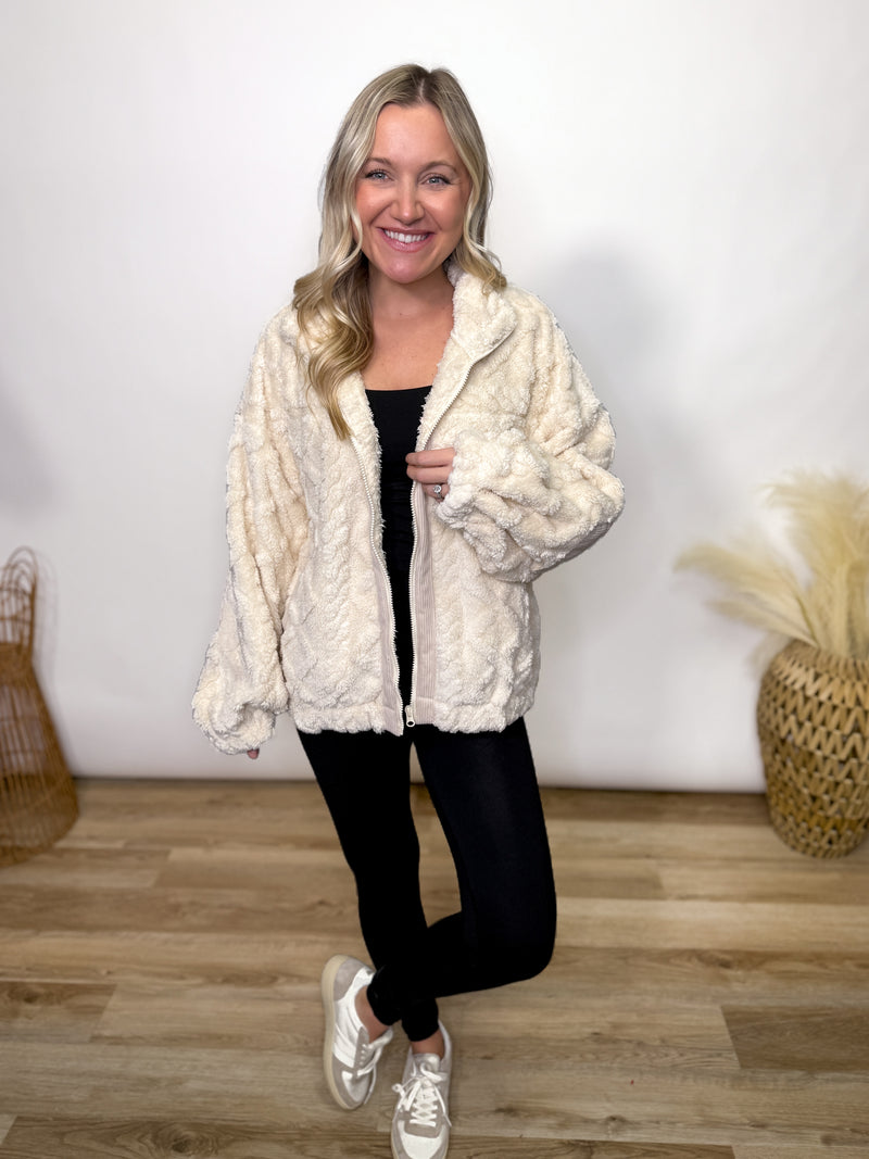 cream fleece cable knit zip up jacket