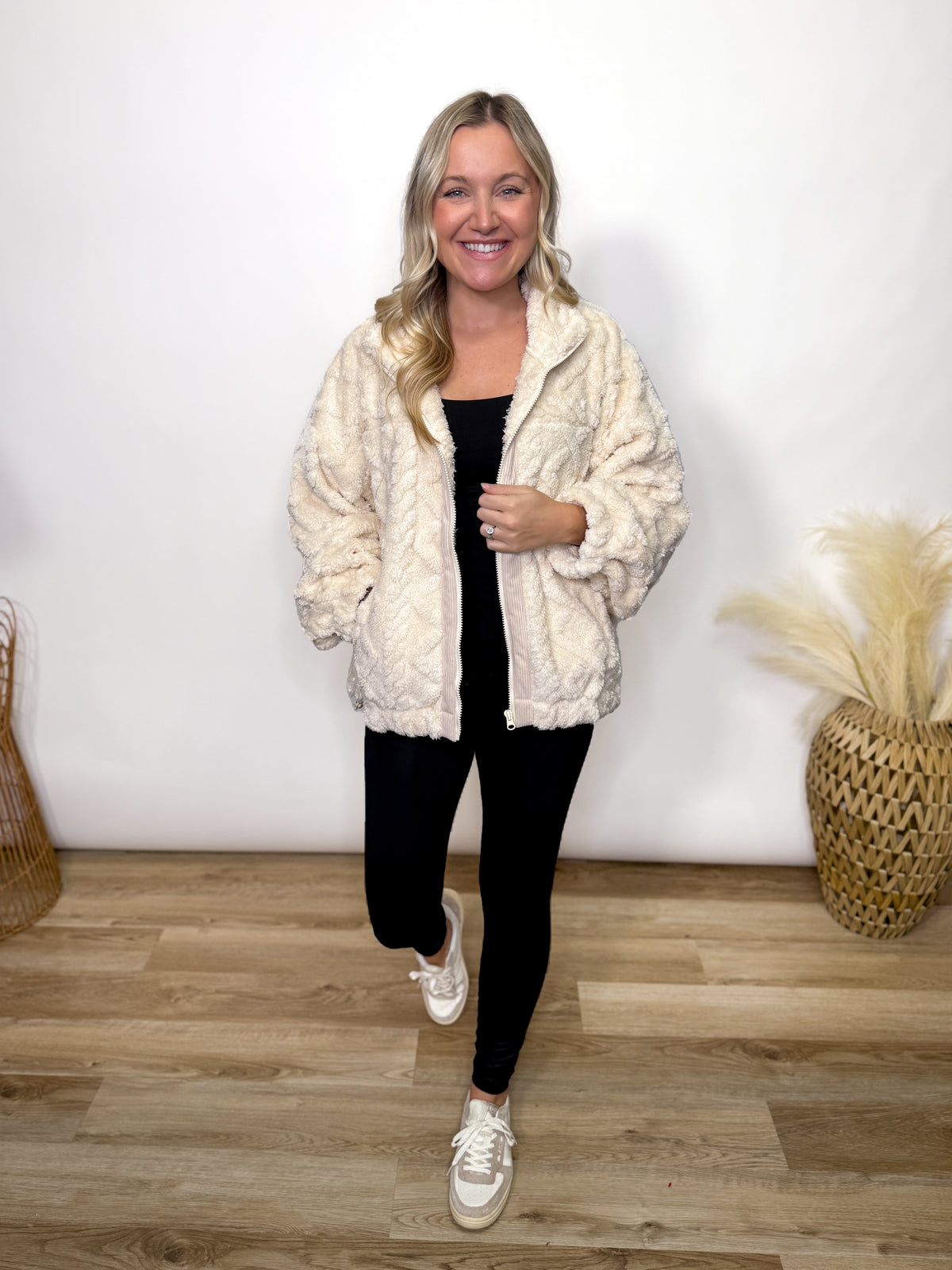 cream fleece cable knit zip up jacket