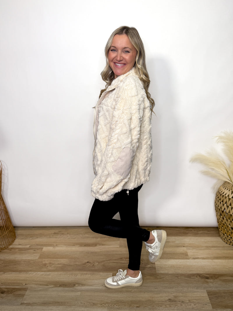 cream fleece cable knit zip up jacket