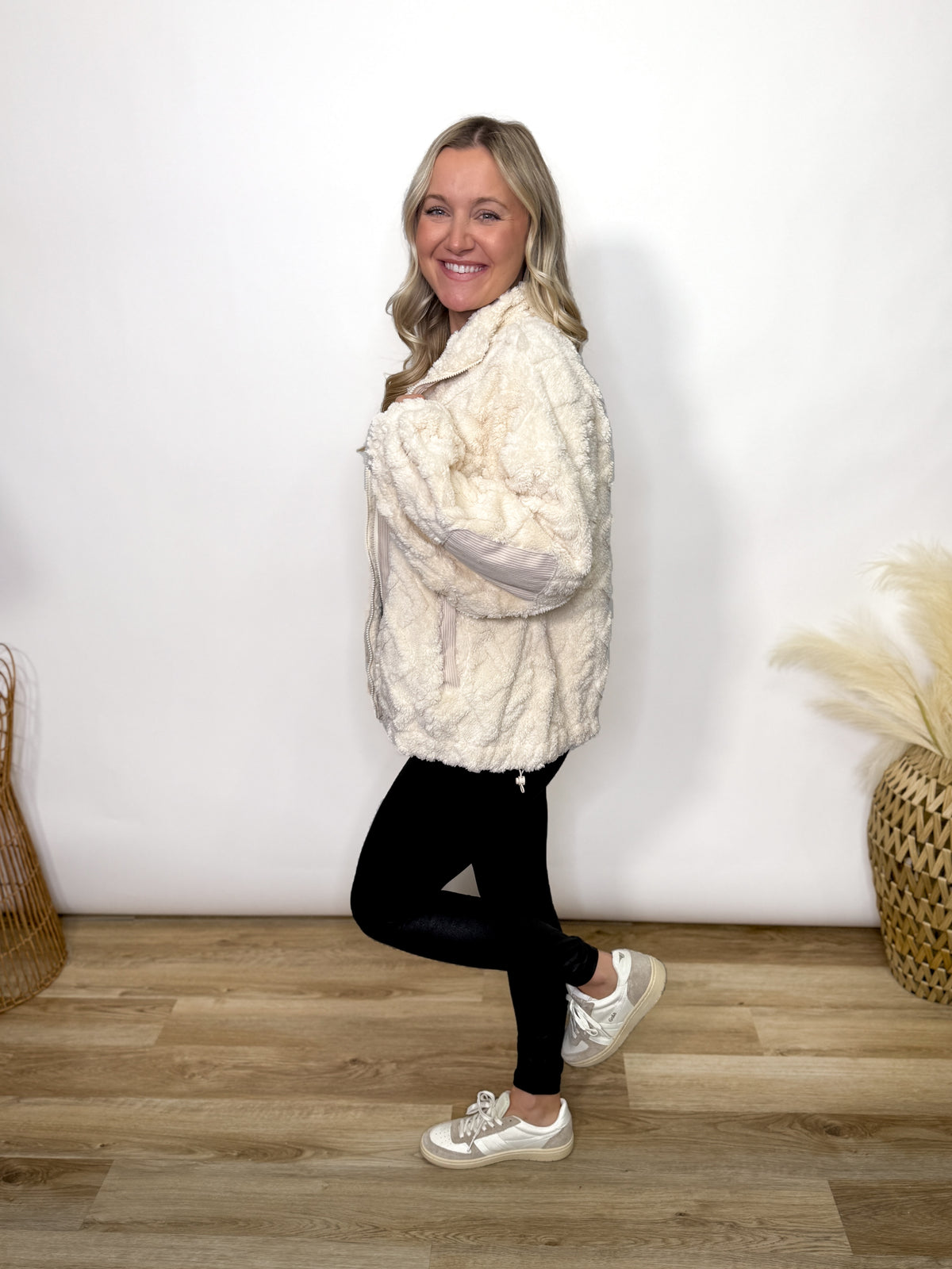 cream fleece cable knit zip up jacket