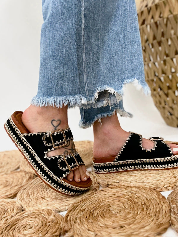 Cubana Platform Sandal in Black – Trendy slip-on sandals with double buckle straps, 1.5" platform, round toe design, and embellished border embroidery. Perfect for casual summer outfits.