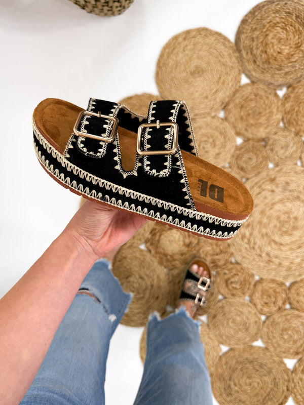 Cubana Platform Sandal in Black – Trendy slip-on sandals with double buckle straps, 1.5" platform, round toe design, and embellished border embroidery. Perfect for casual summer outfits.