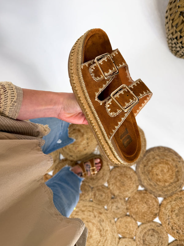 Cubana Platform Sandal by Dirty Laundry with double buckle straps, 1.5-inch platform, and embroidered detailing—perfect for summer outfits