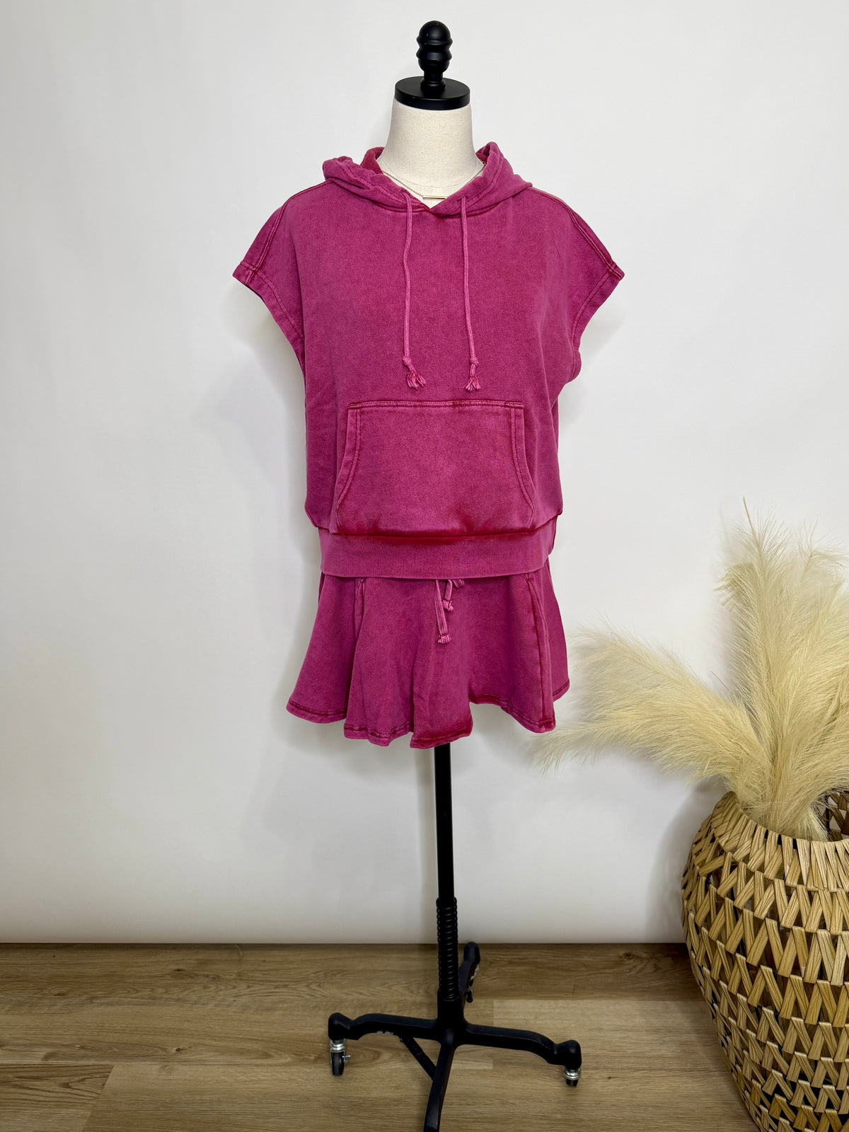 Women’s dark cherry red  mineral washed hoodie tank and skort matching set