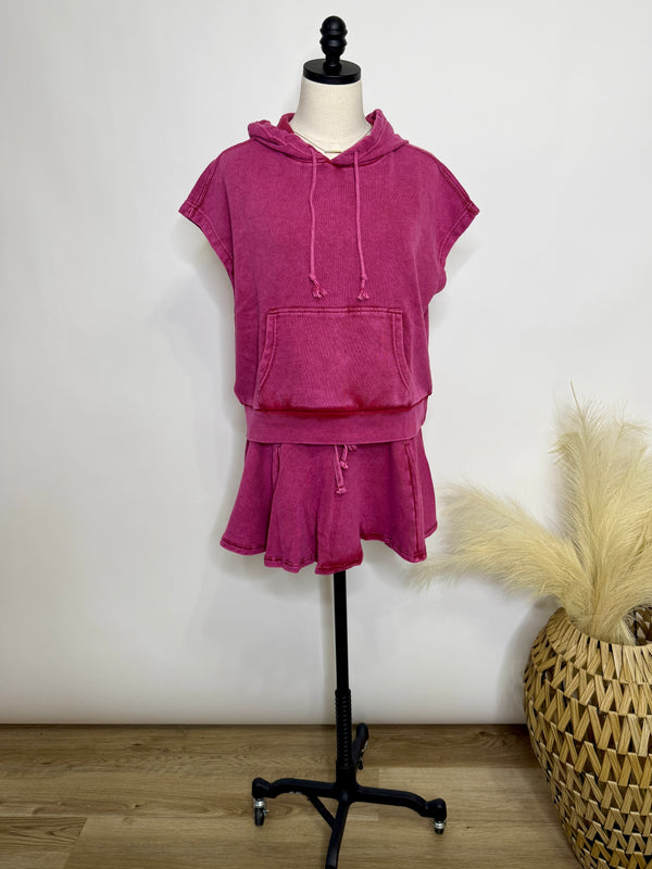 Women’s dark cherry red  mineral washed hoodie tank and skort matching set