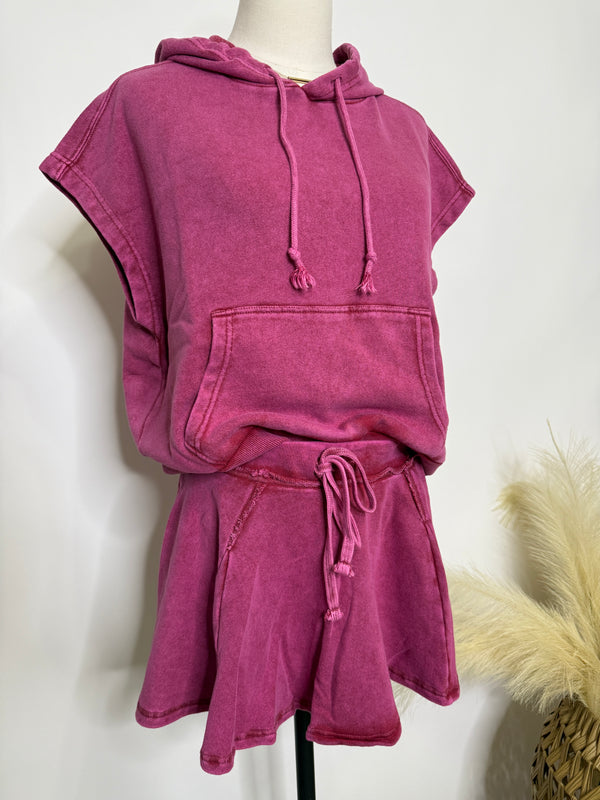 Women’s dark cherry red mineral washed hoodie tank and skort matching set