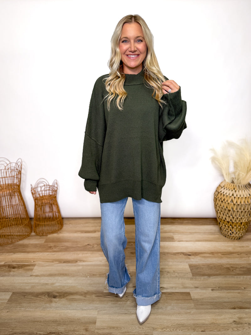Dark Olive Green Oversized Heavyweight Side Slit Sweater