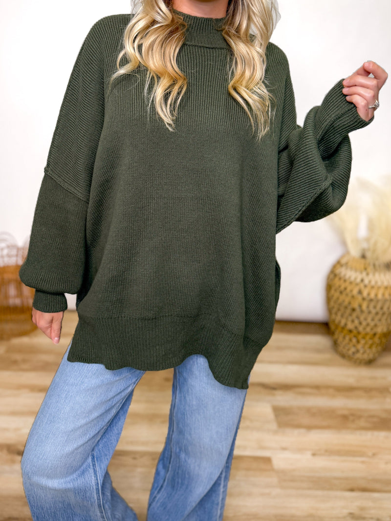 Dark Olive Green Oversized Heavyweight Side Slit Sweater