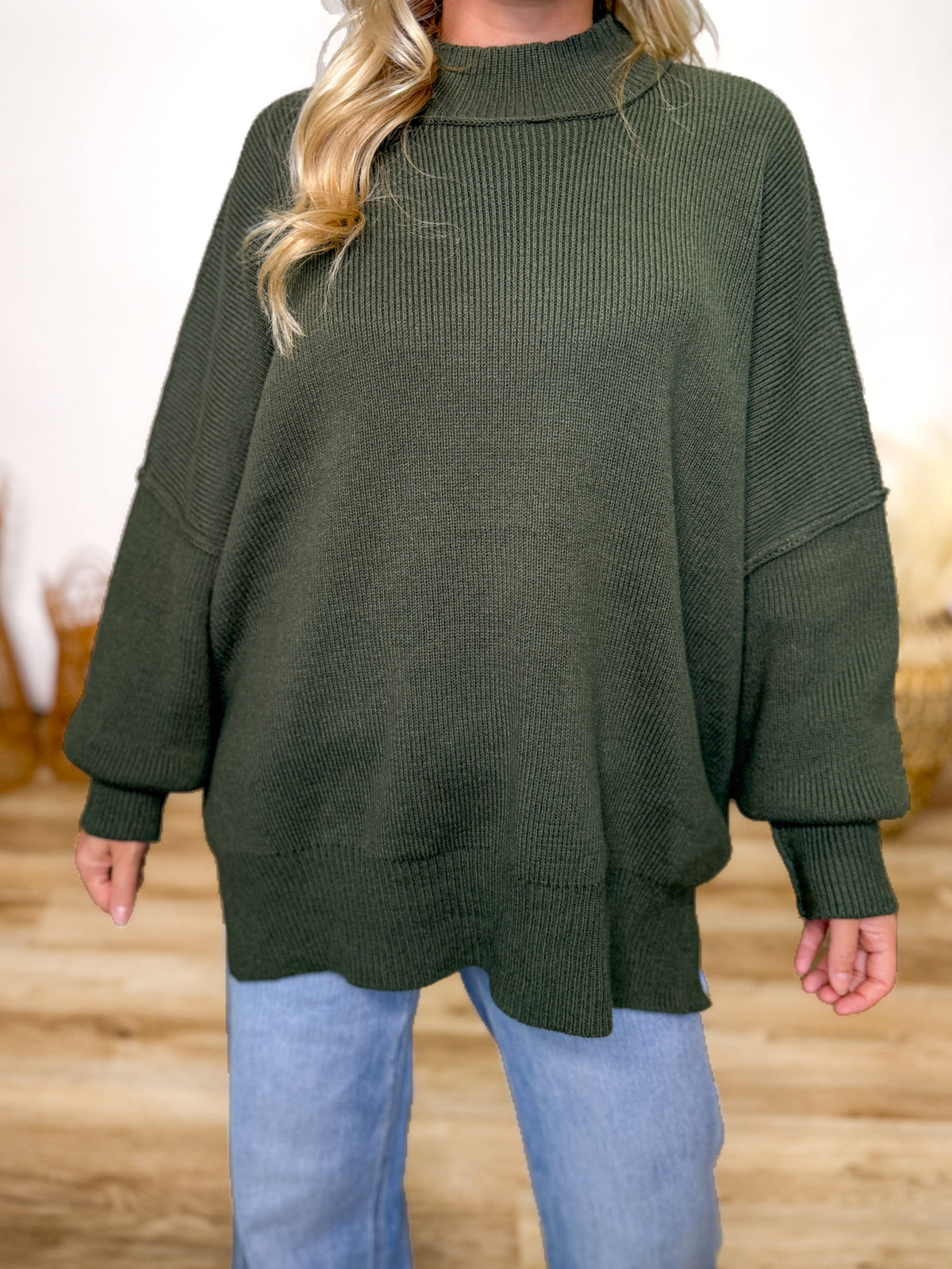 Dark Olive Green Oversized Heavyweight Side Slit Sweater