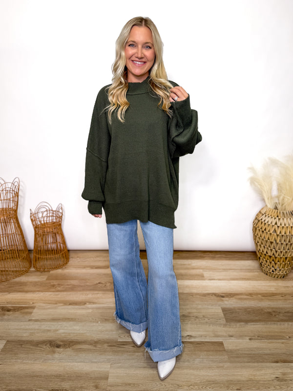 Dark Olive Green Oversized Heavyweight Side Slit Sweater
