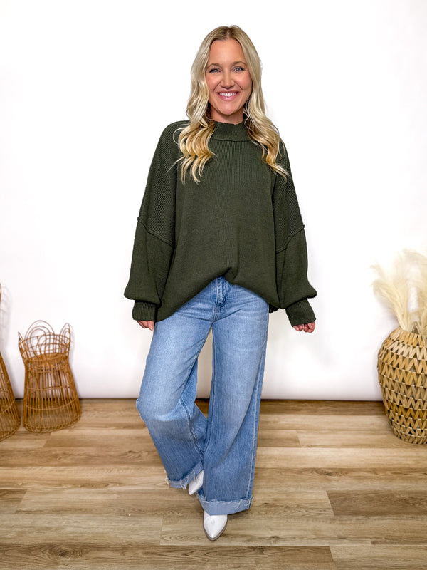 Dark Olive Green Oversized Heavyweight Side Slit Sweater