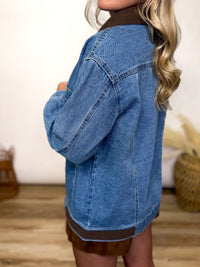 denim jacket with brown corduroy collar and accents, fall denim jacket, styled with suede wrap skort