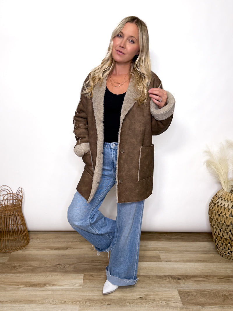 brown faux leather coat with fuzzy fur lining for women